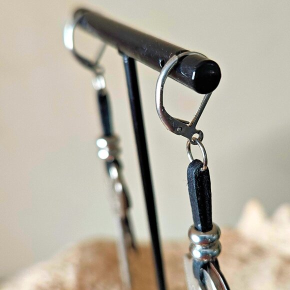 Vintage Key Earrings Black Leather Silver Stainless Steel Rustic Long Drop Charm - Picture 8 of 10